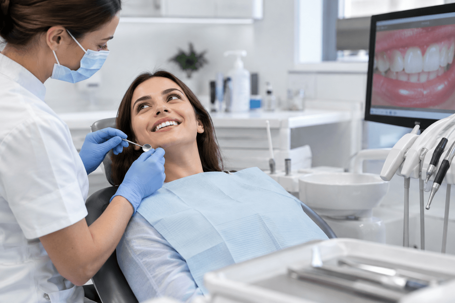 Patient receiving comfortable professional teeth whitening treatment in a dental clinic