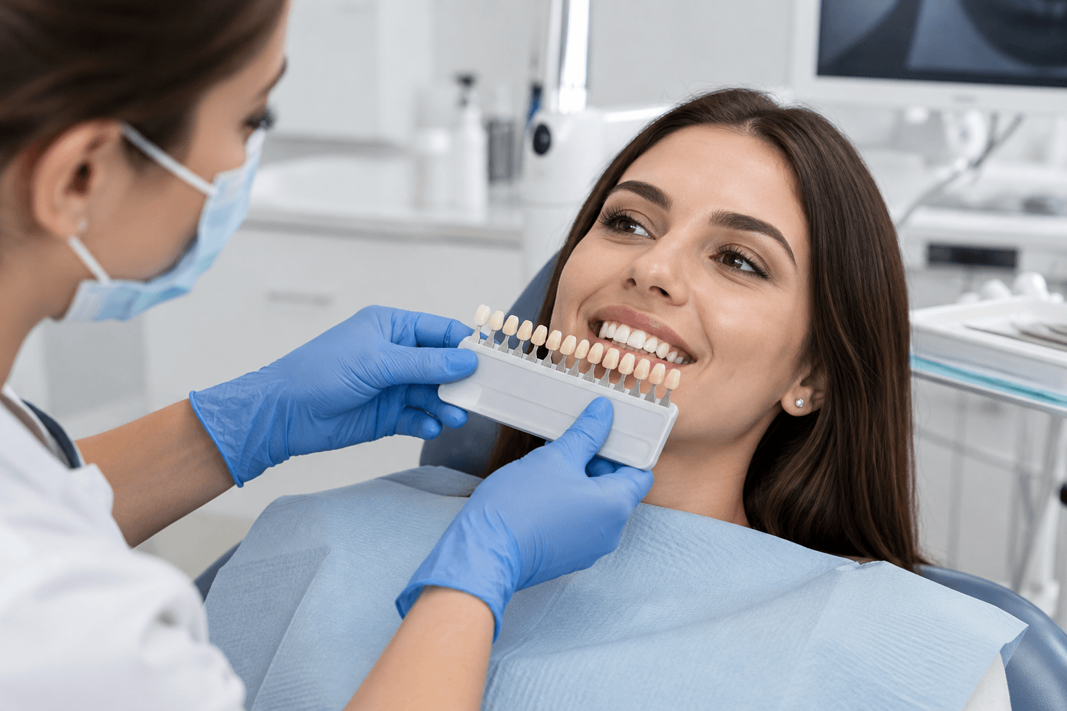 Dental professional reviewing a patient's teeth whitening result with a shade guide