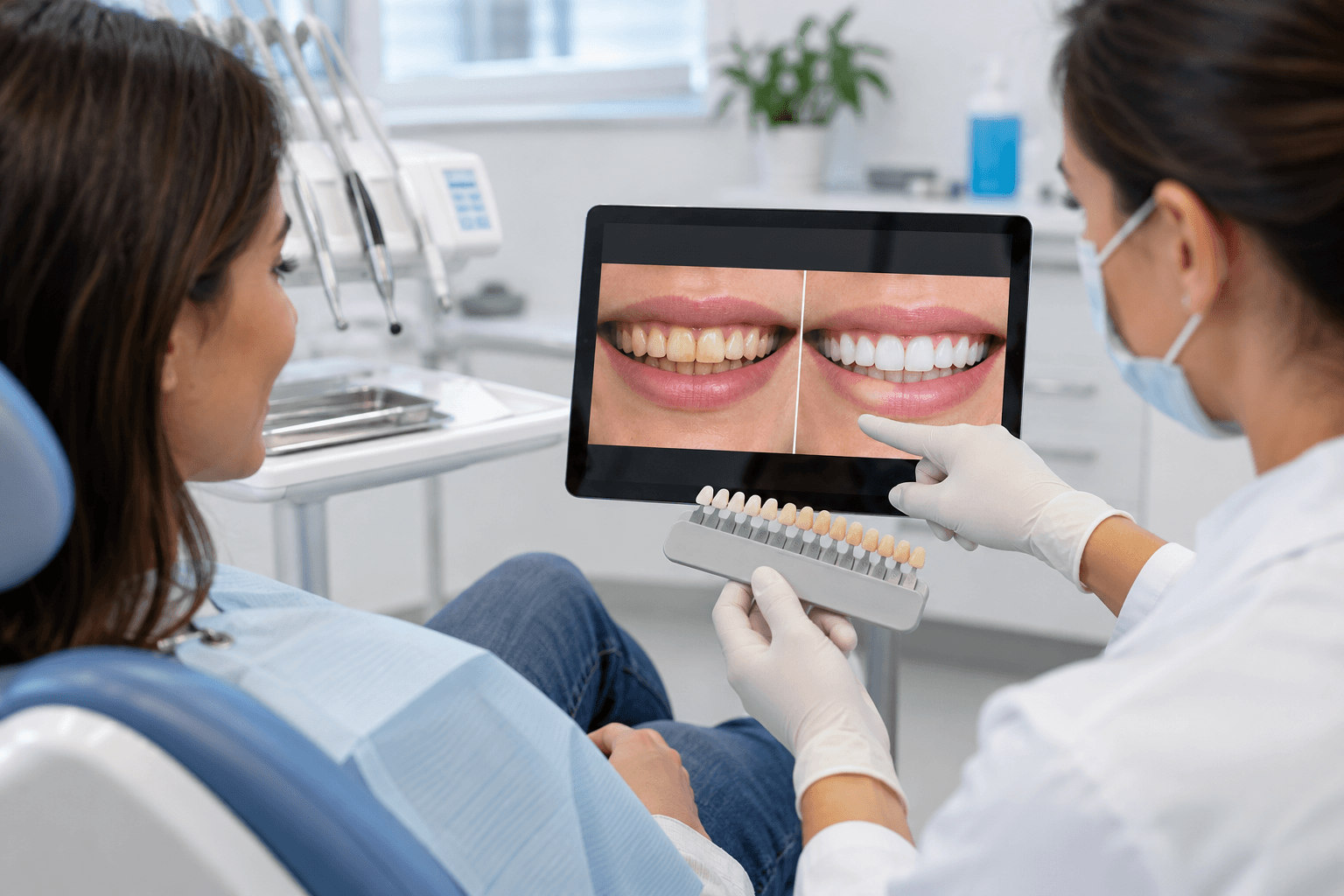 Before and after teeth whitening smile comparison shown on a dental monitor