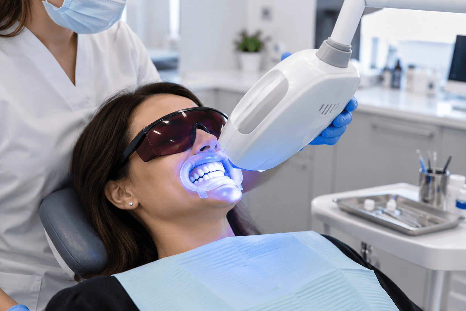 Dental professional comparing a patient's teeth with a shade guide after whitening