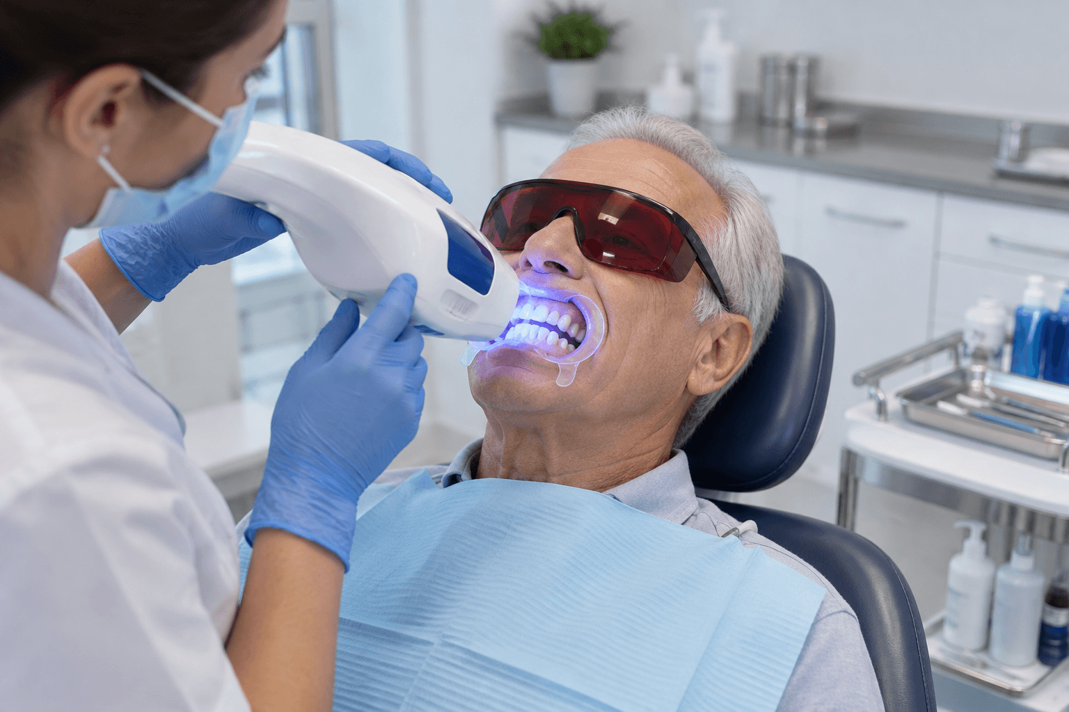 Older adult receiving professional laser teeth whitening treatment