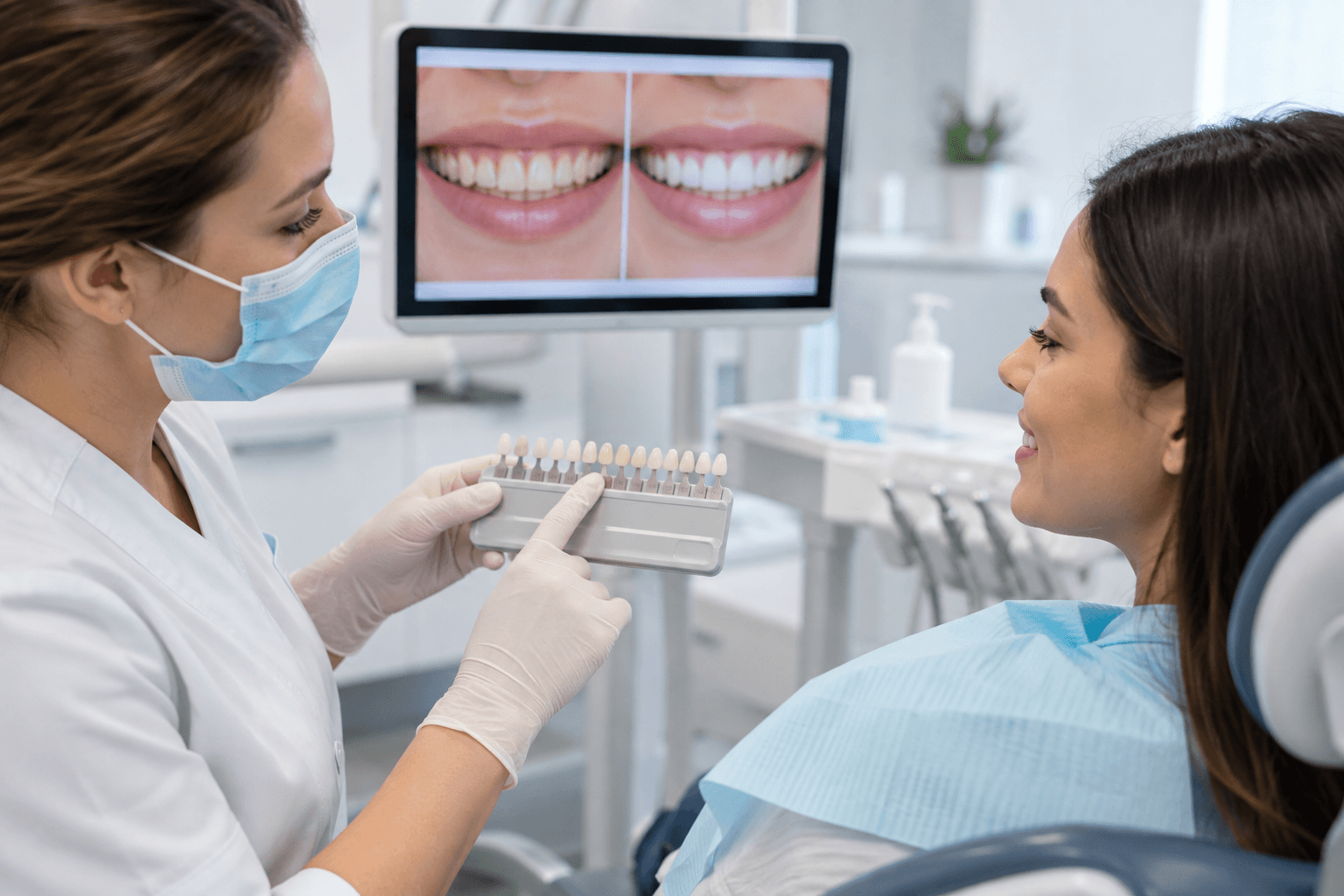 Patient discussing teeth whitening shade options with a dental professional