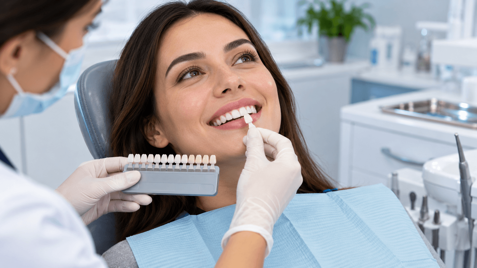 Dental professional showing a patient a teeth whitening before-and-after result