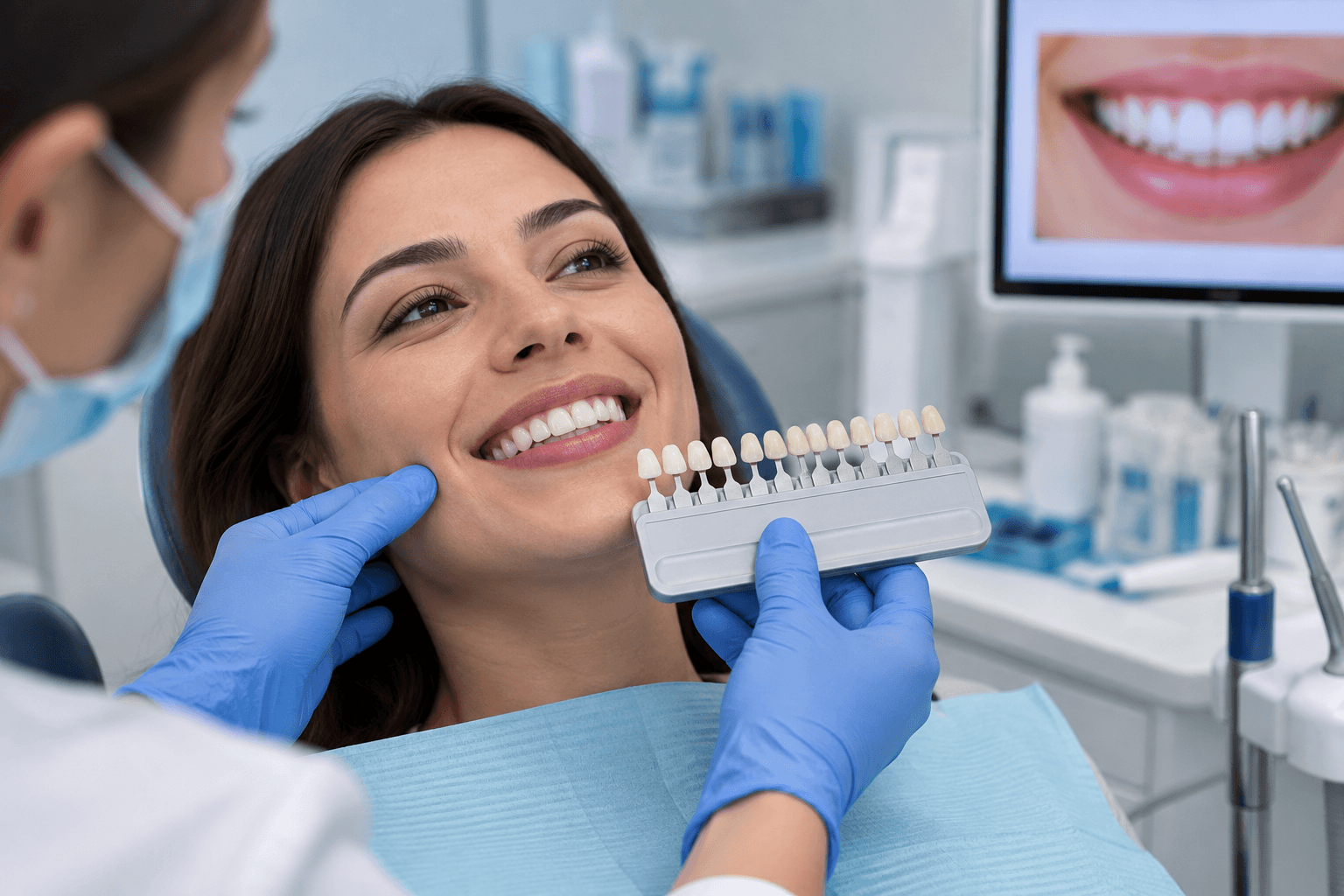 Dental professional assessing the visible smile area before teeth whitening